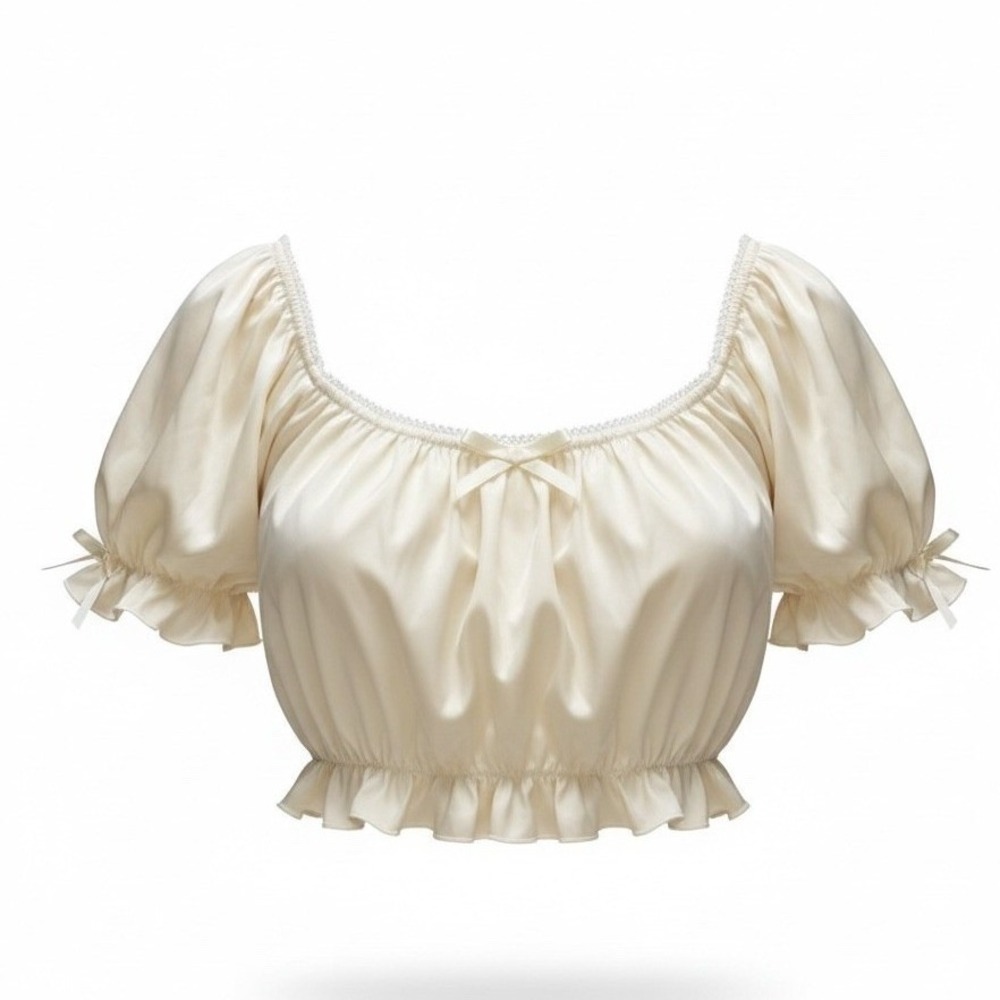 Cider Cream Crop Top Blouse Puff‎ Sleeve Cottagecore Bow Lace Trim Women's M